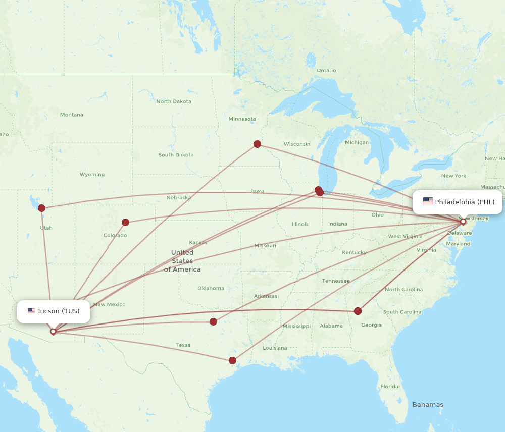 TUS to PHL flights and routes map