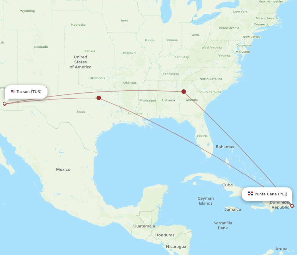 TUS to PUJ flights and routes map