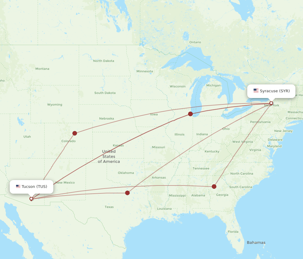 TUS to SYR flights and routes map