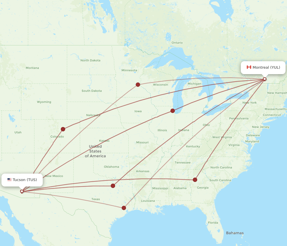 Montreal - Tucson route map and flight paths