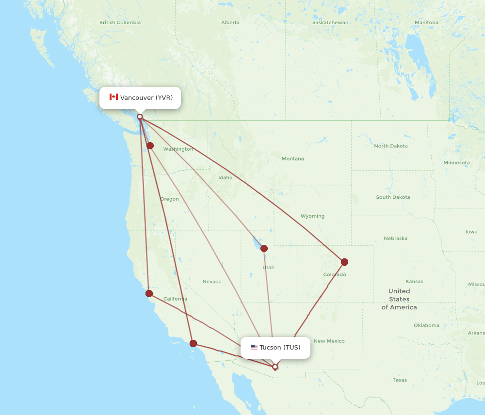Vancouver - Tucson route map and flight paths