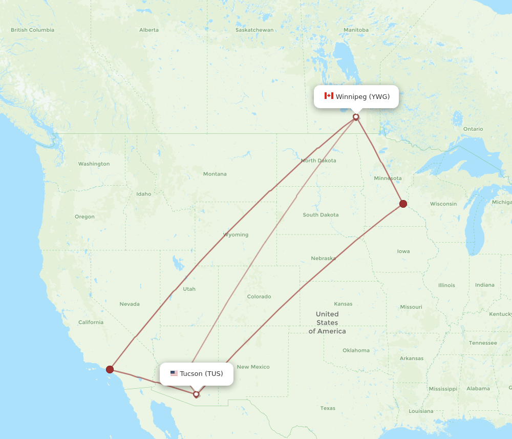 Winnipeg - Tucson route map and flight paths