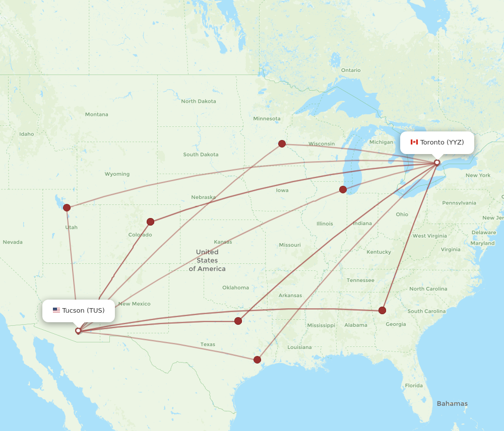 TUS to YYZ flights and routes map
