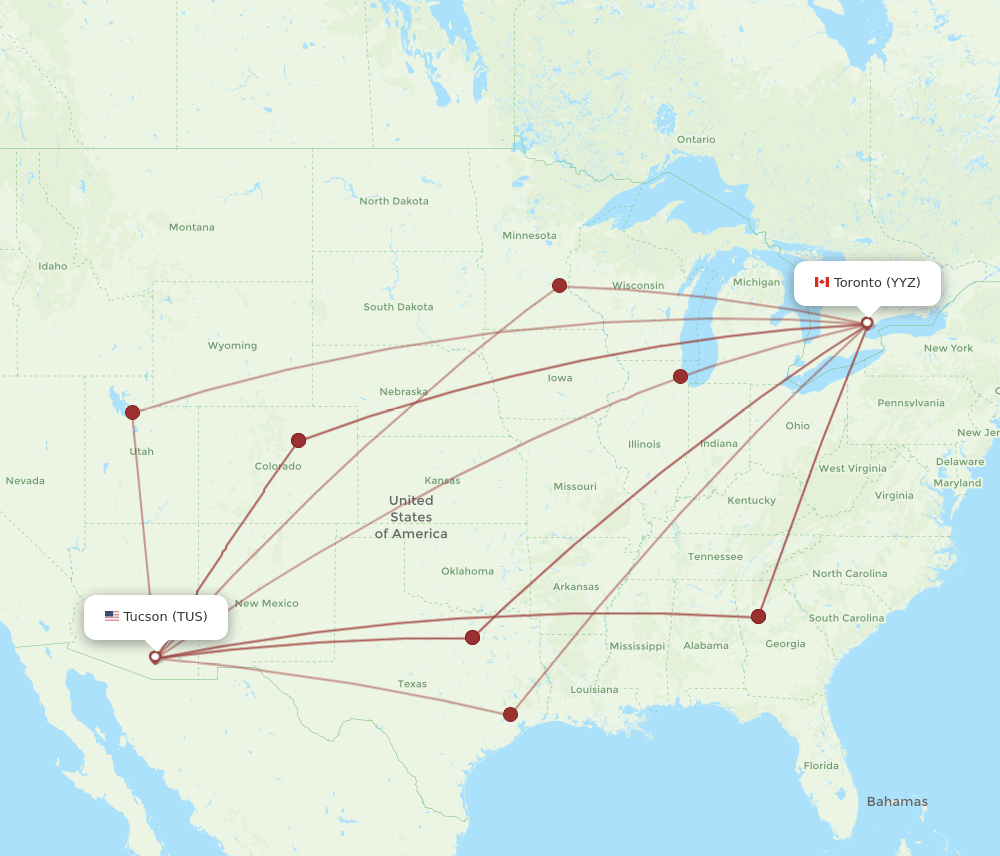 Toronto - Tucson route map and flight paths