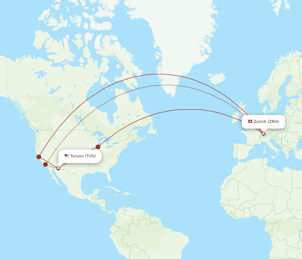 Zurich - Tucson route map and flight paths