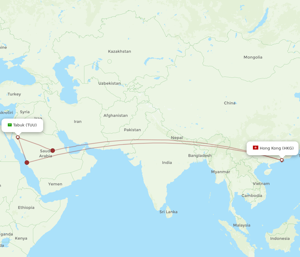 Hong Kong - Tabuk route map and flight paths