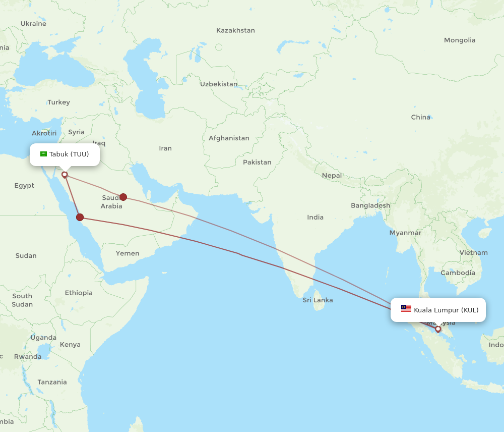 TUU to KUL flights and routes map
