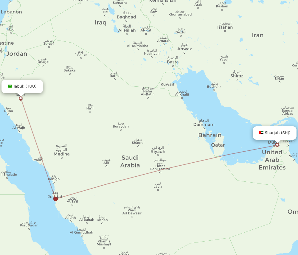TUU to SHJ flights and routes map