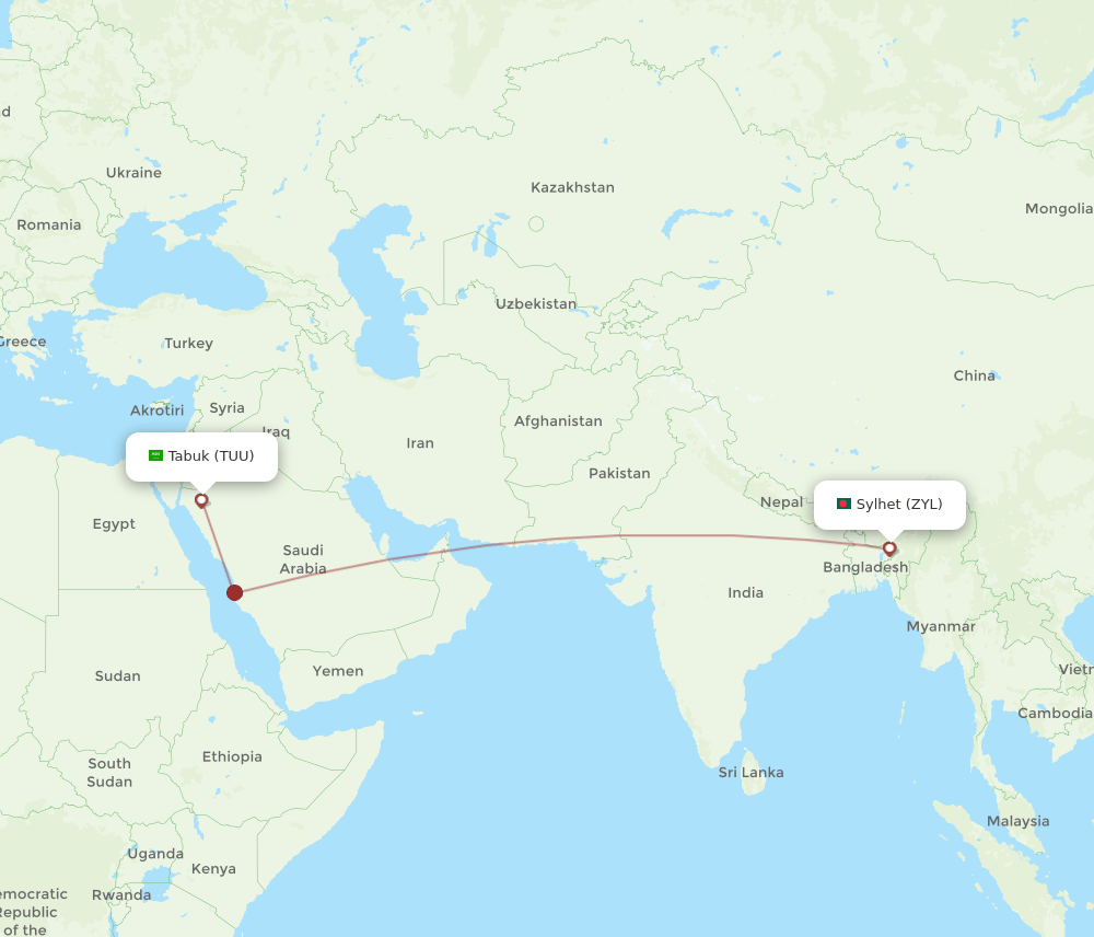 Sylhet - Tabuk route map and flight paths