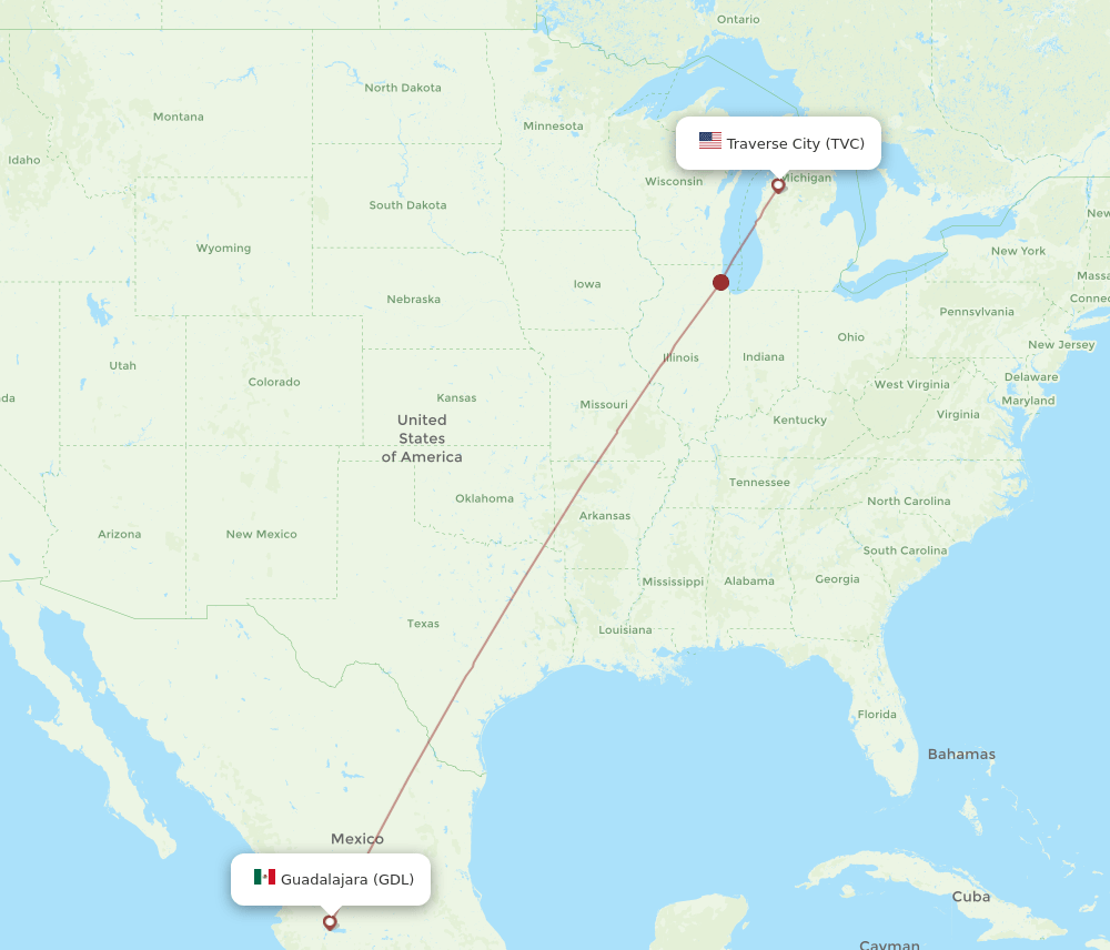 TVC to GDL flights and routes map