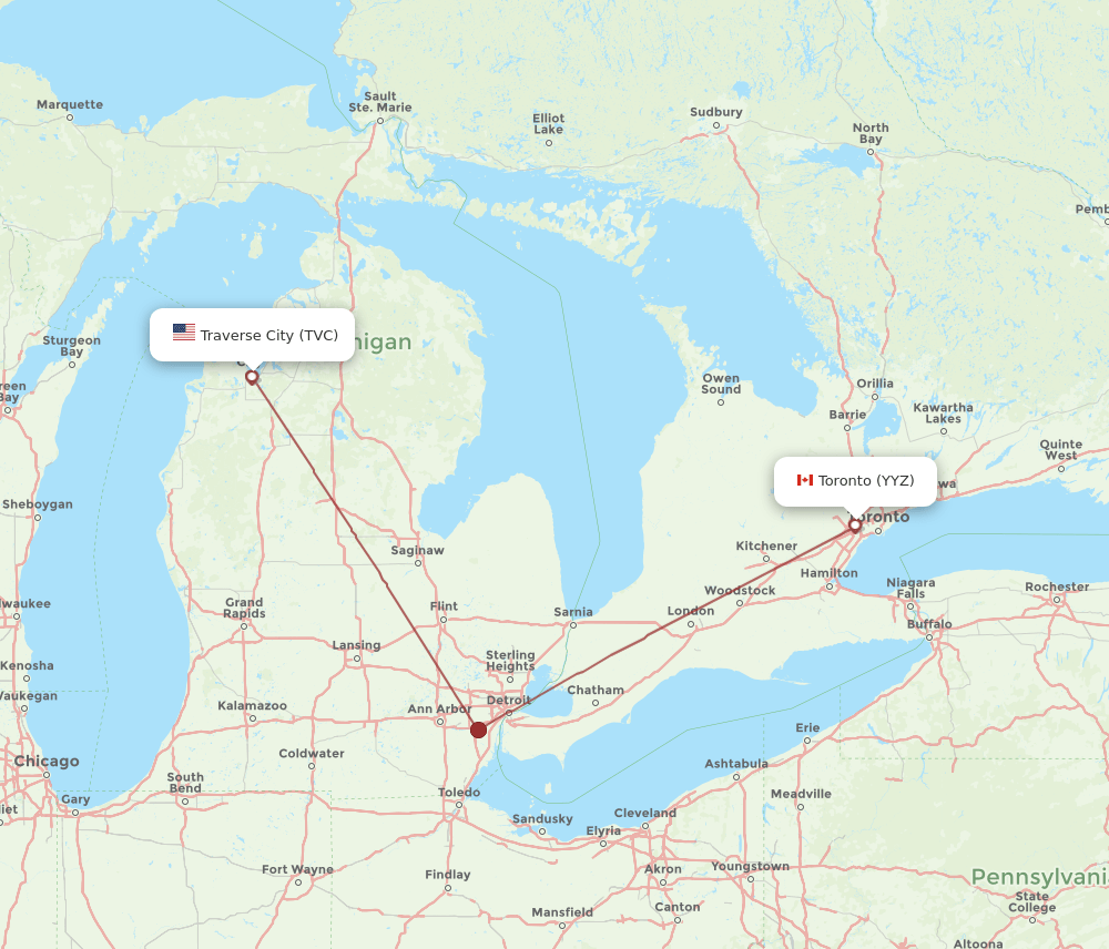 Toronto - Traverse City route map and flight paths