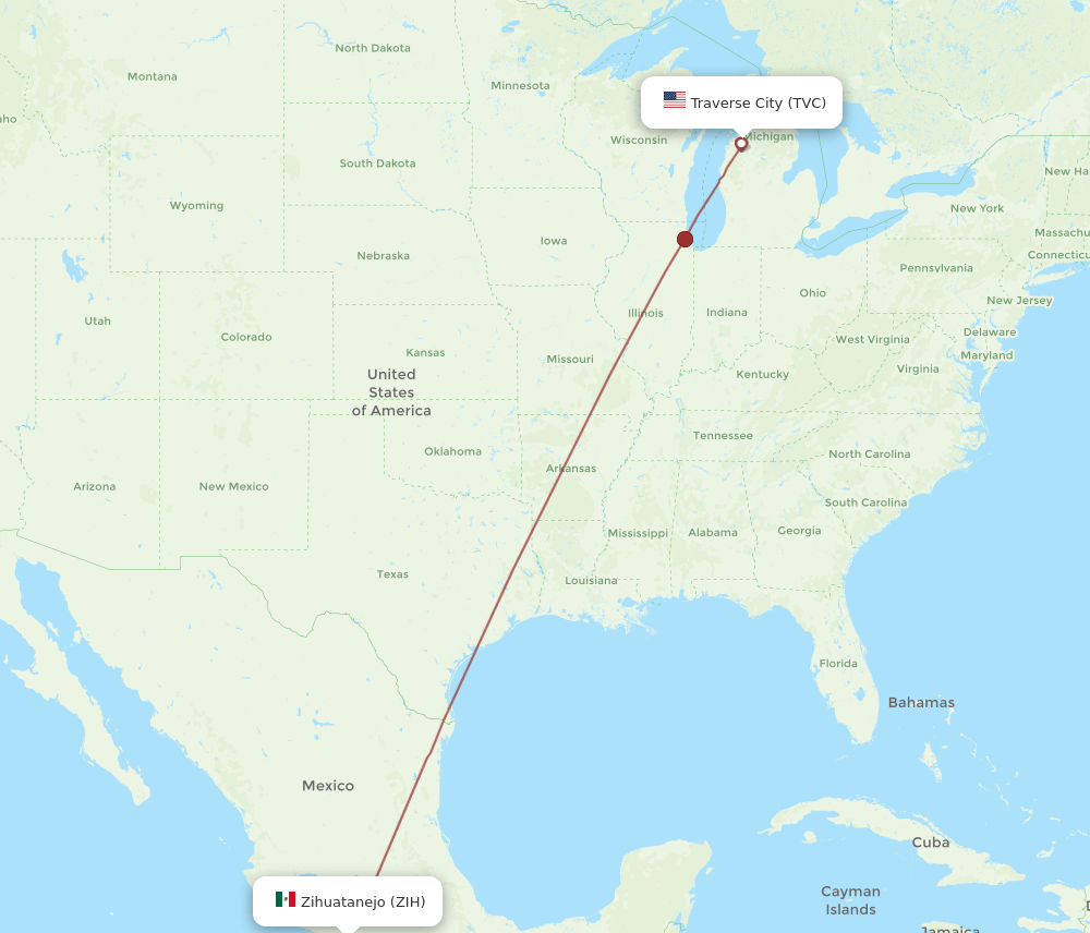 Traverse City - Ixtapa/Zihuatanejo route map and flight paths