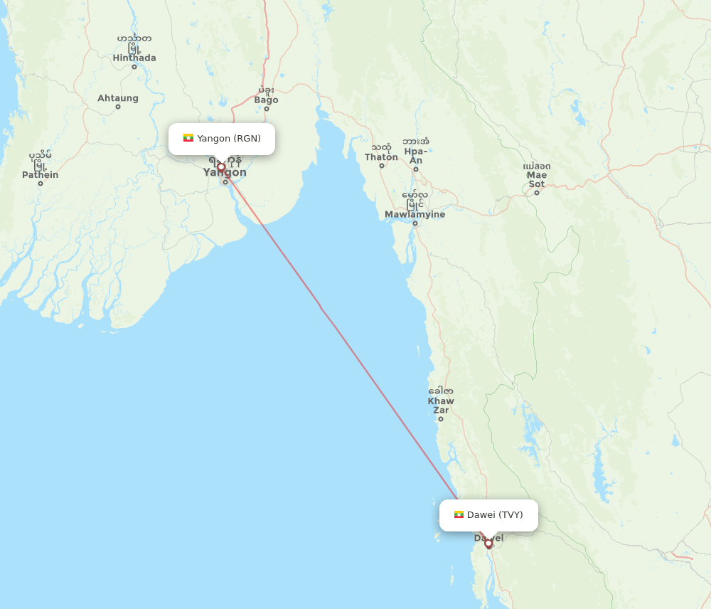 Dawe - Yangon route map and flight paths
