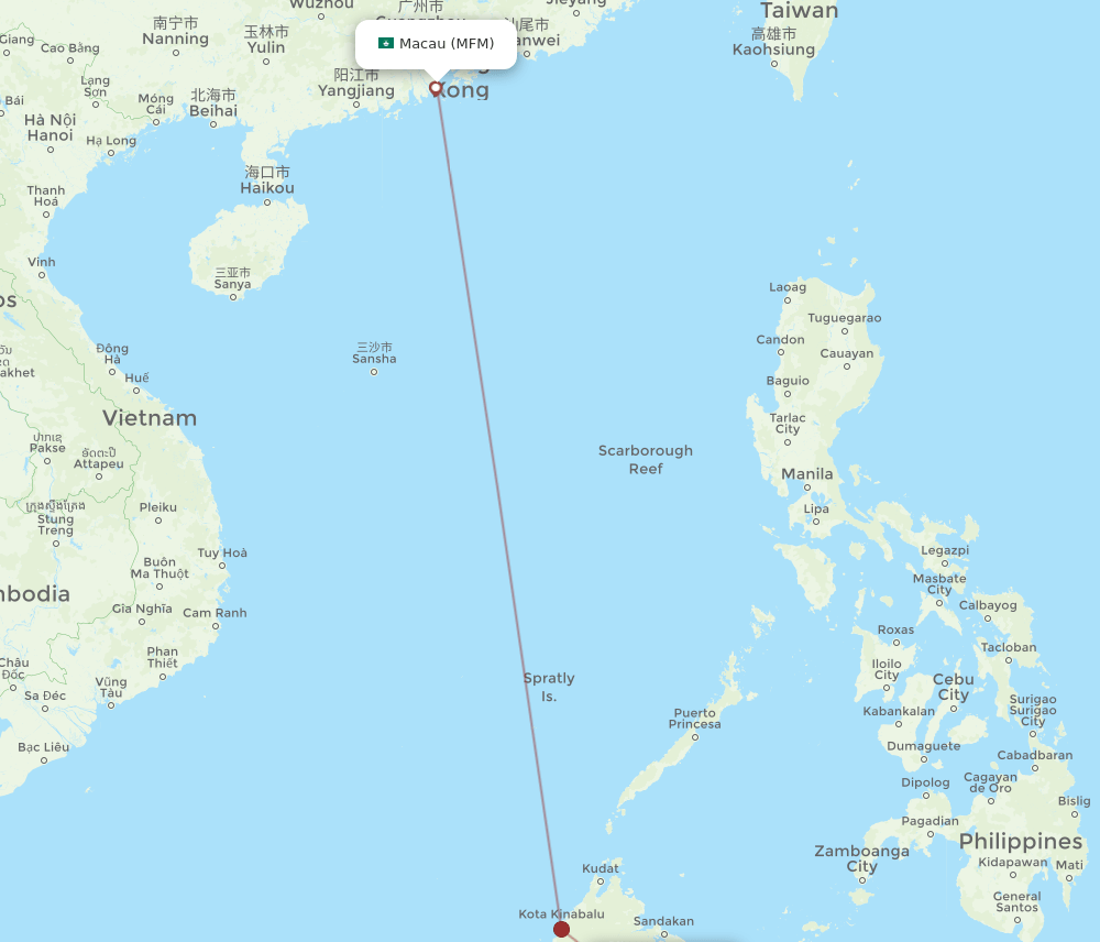 Tawau - Macau route map and flight paths