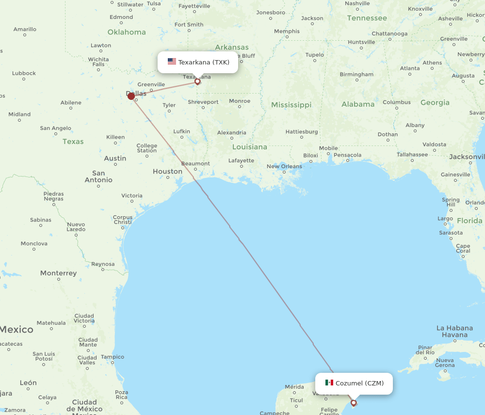 TXK to CZM flights and routes map