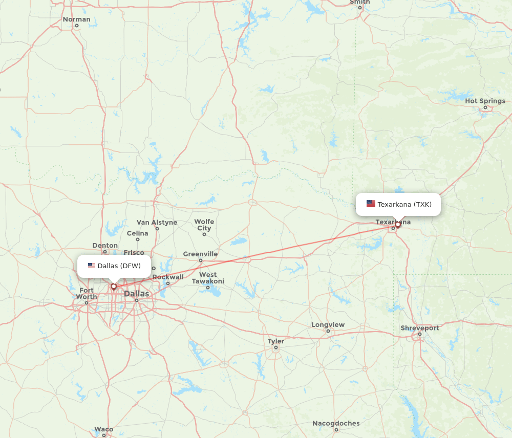 Texarkana - Dallas route map and flight paths