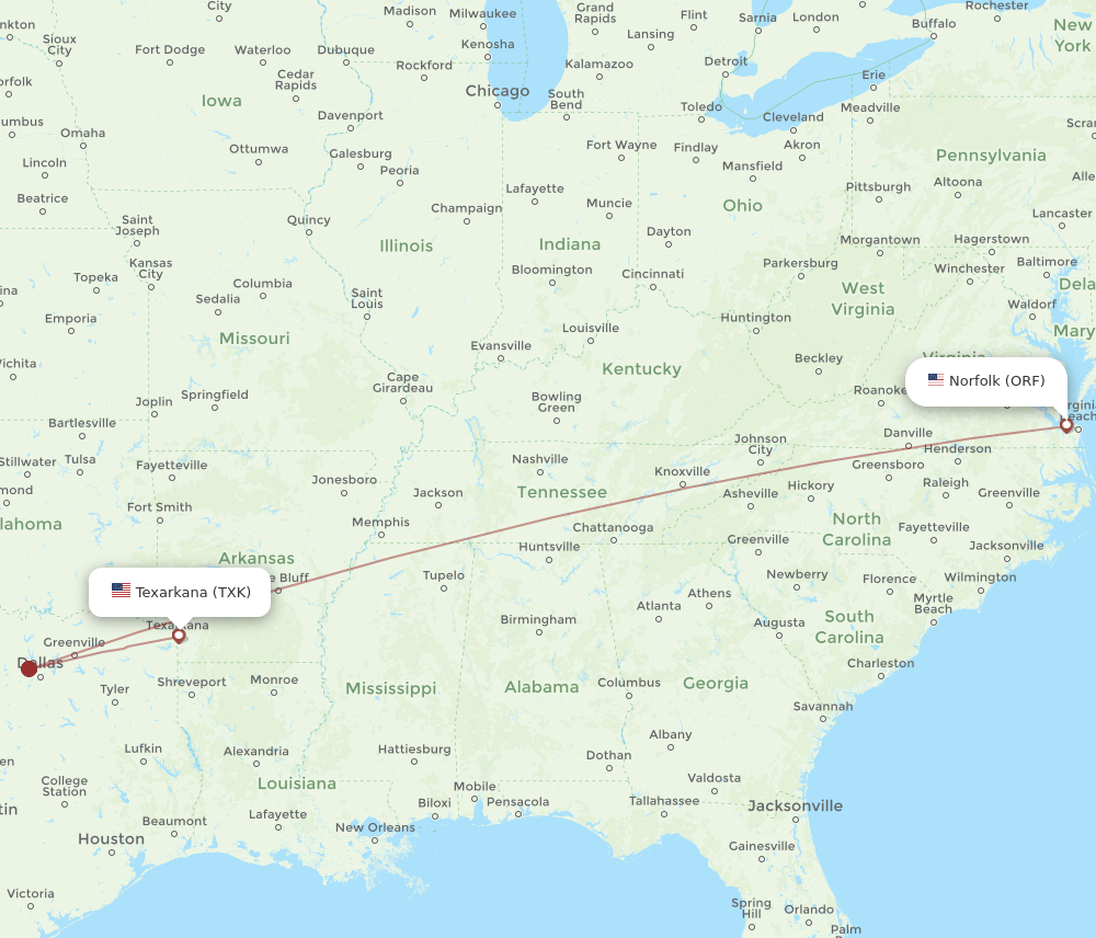 TXK-ORF flight routes