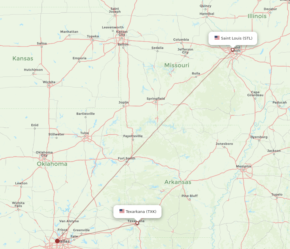 TXK to STL flights and routes map
