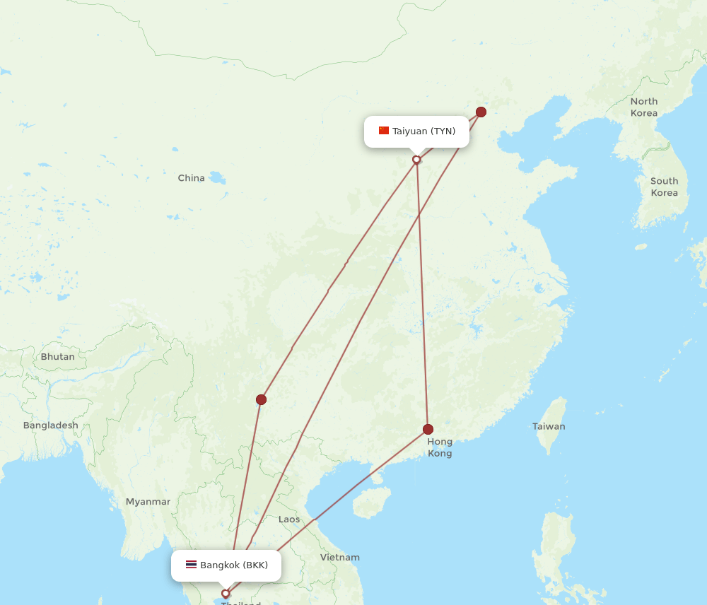 TYN to BKK flights and routes map