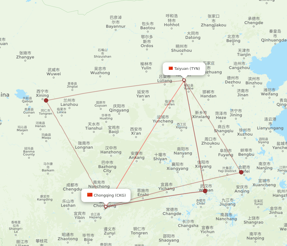 TYN to CKG flights and routes map
