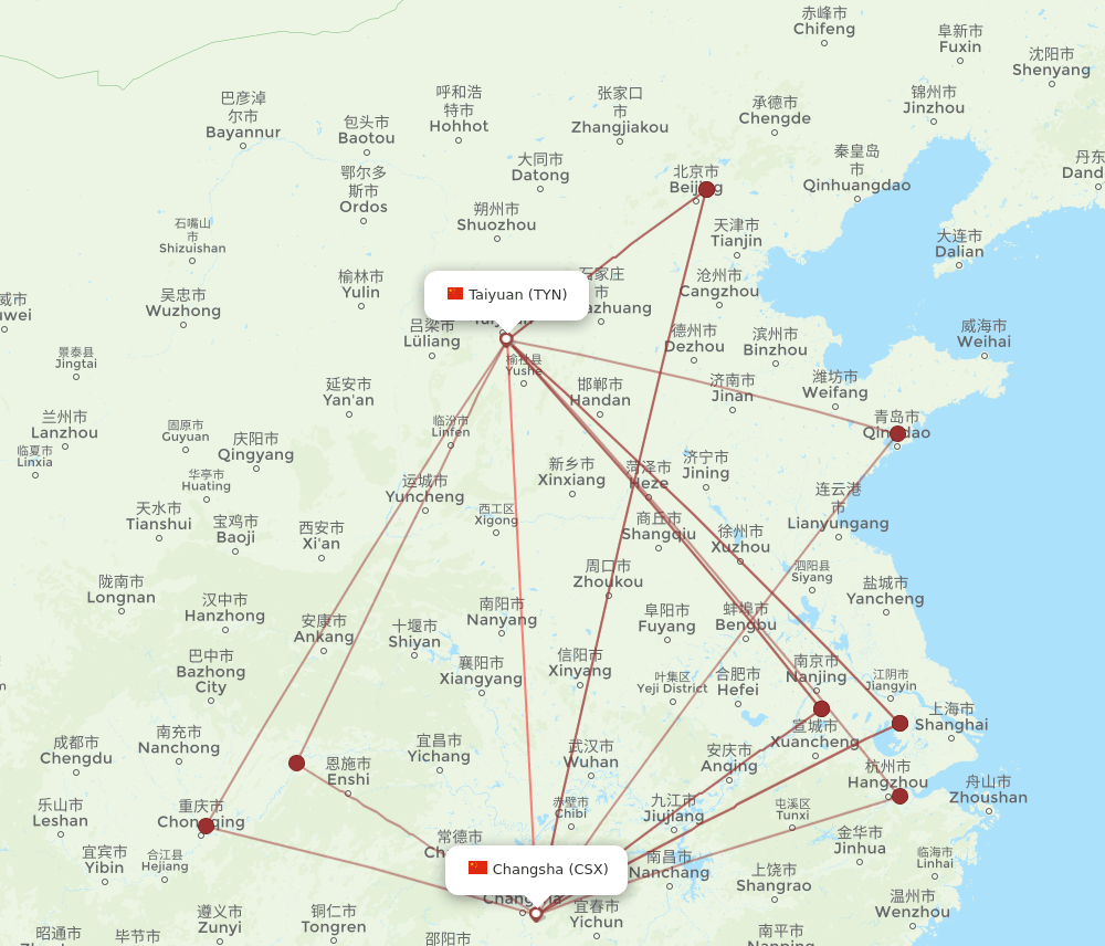 TYN to CSX flights and routes map