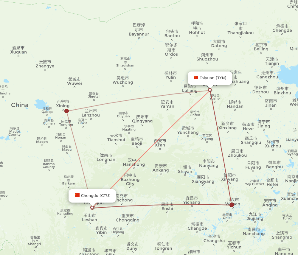 TYN to CTU flights and routes map