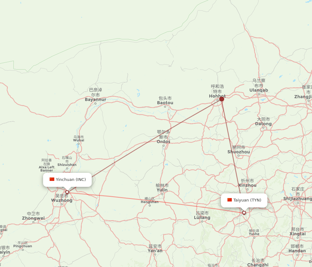 Taiyuan - Yinchuan route map and flight paths