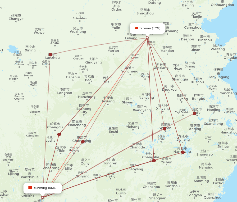 TYN to KMG flights and routes map