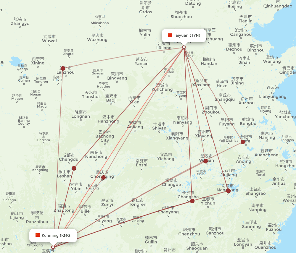 TYN-KMG flight routes