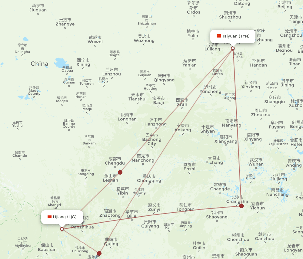 TYN-LJG flight routes