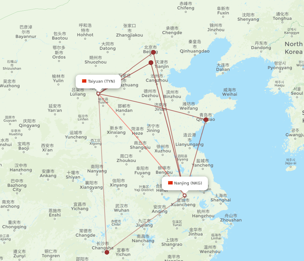 TYN to NKG flights and routes map