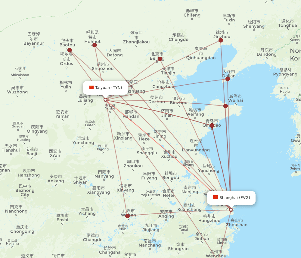 TYN-PVG flight routes