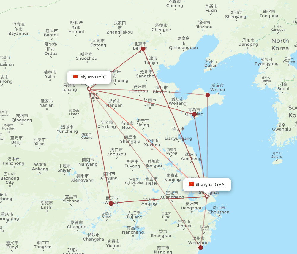 TYN-SHA flight routes