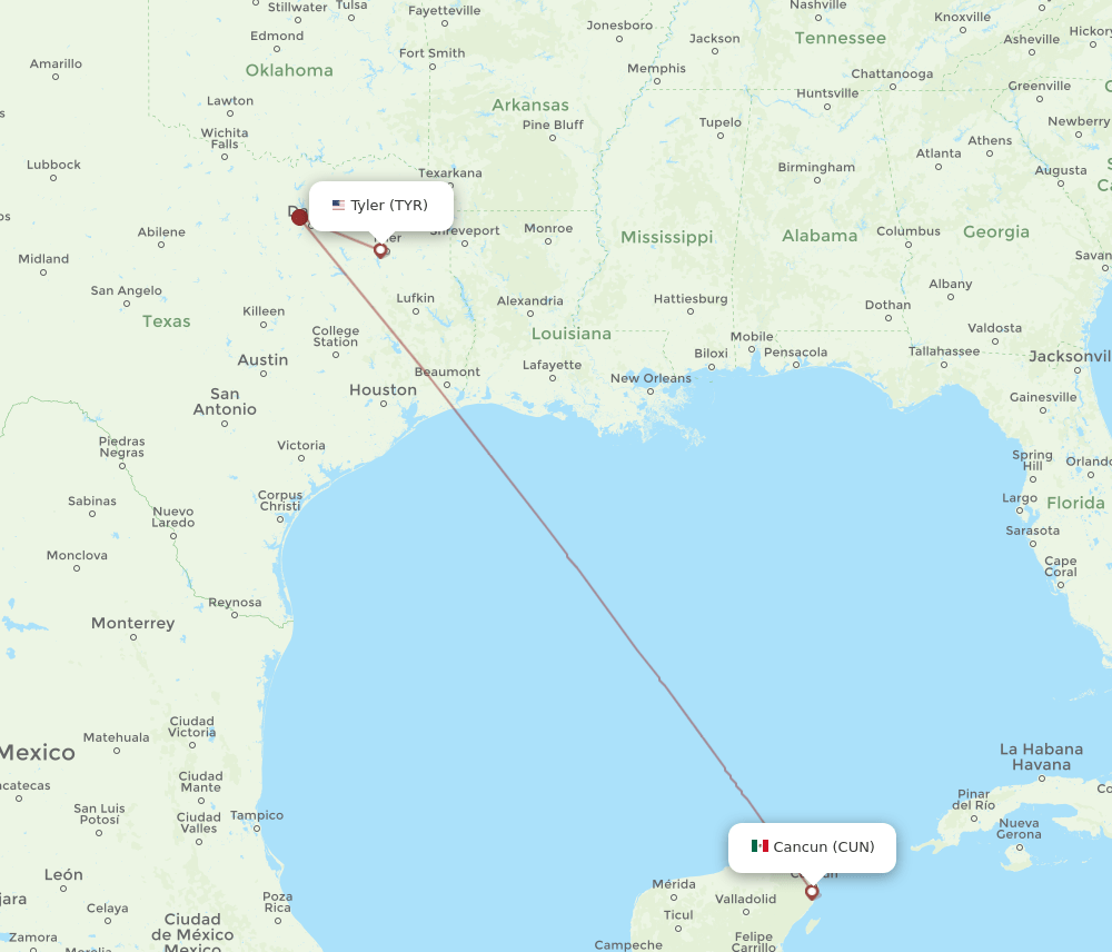 TYR to CUN flights and routes map