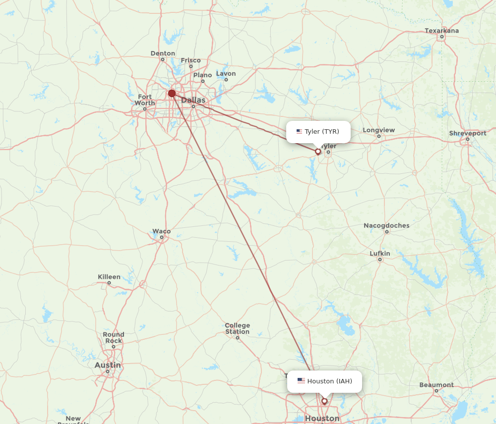 TYR to IAH flights and routes map