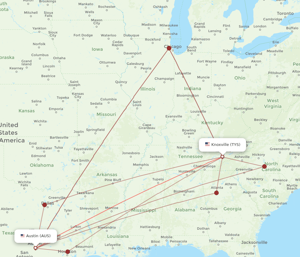 TYS to AUS flights and routes map