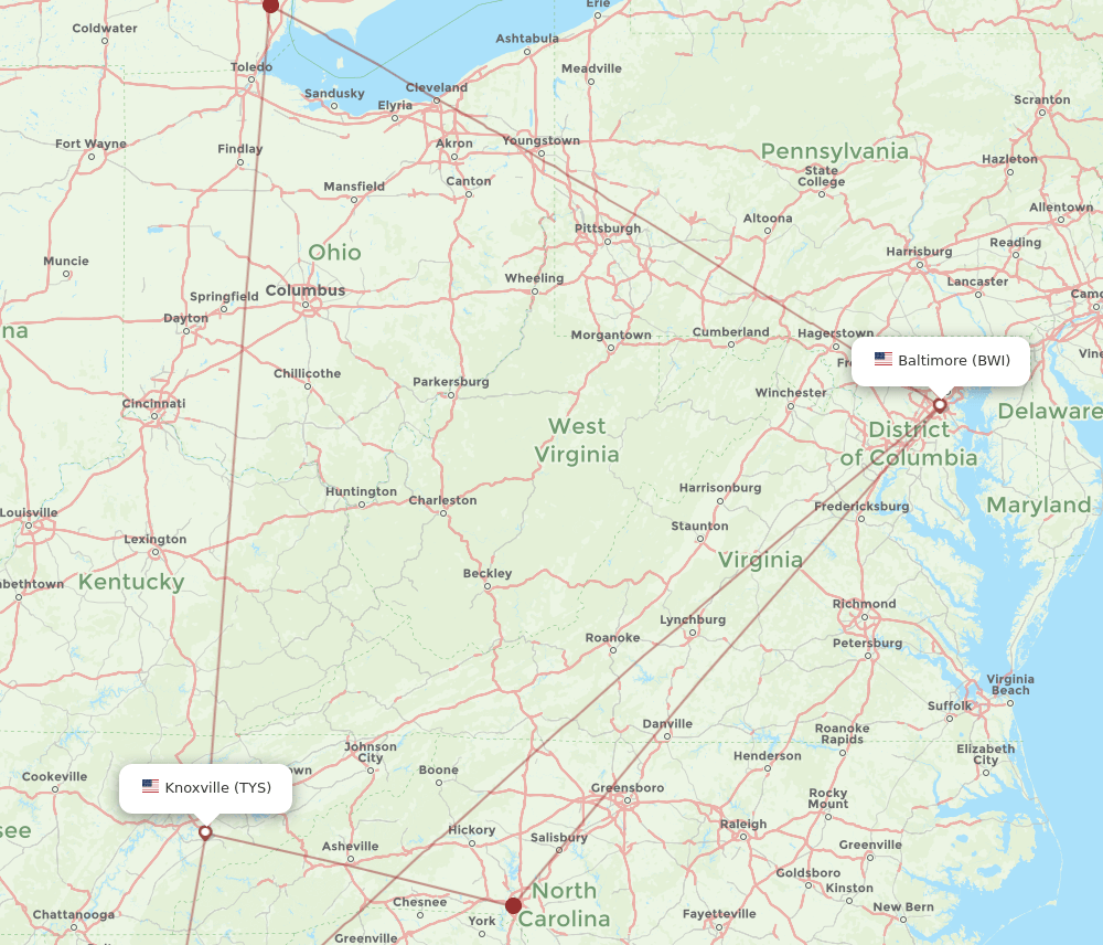 TYS to BWI flights and routes map