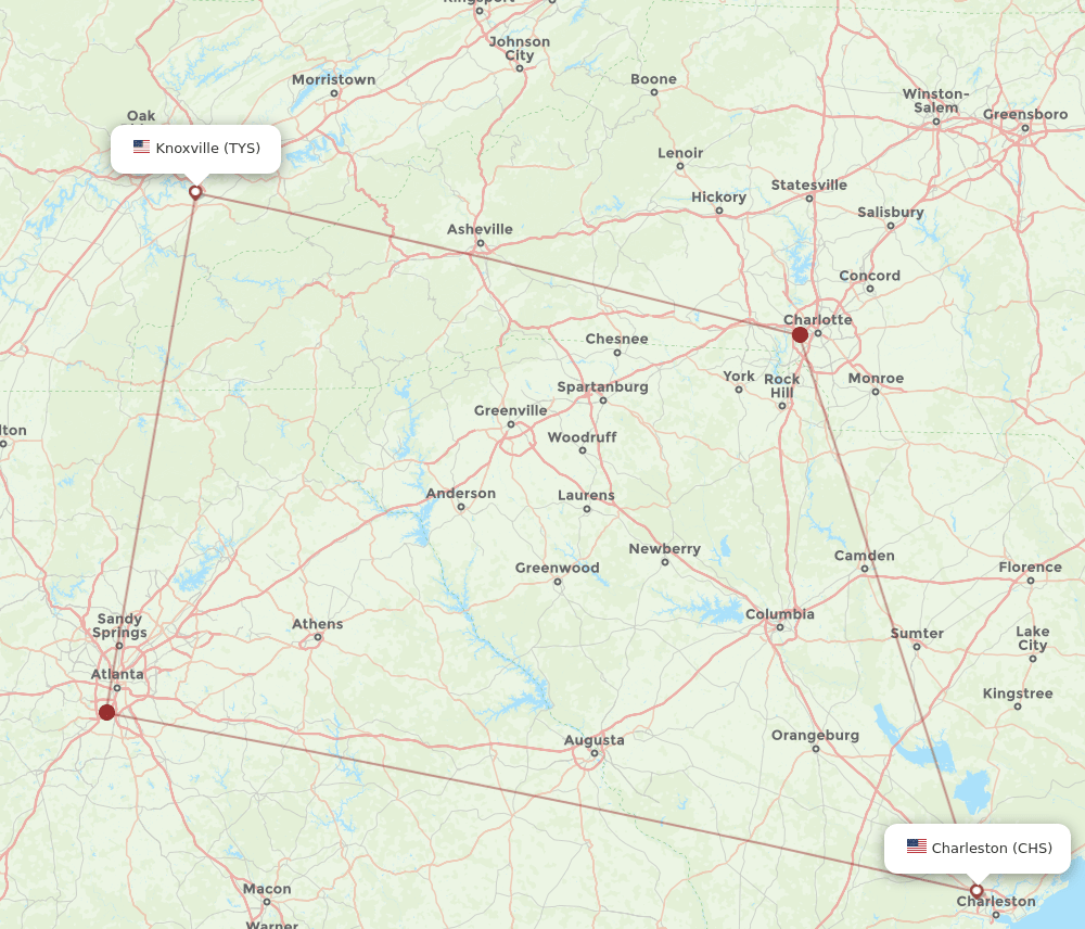 TYS to CHS flights and routes map