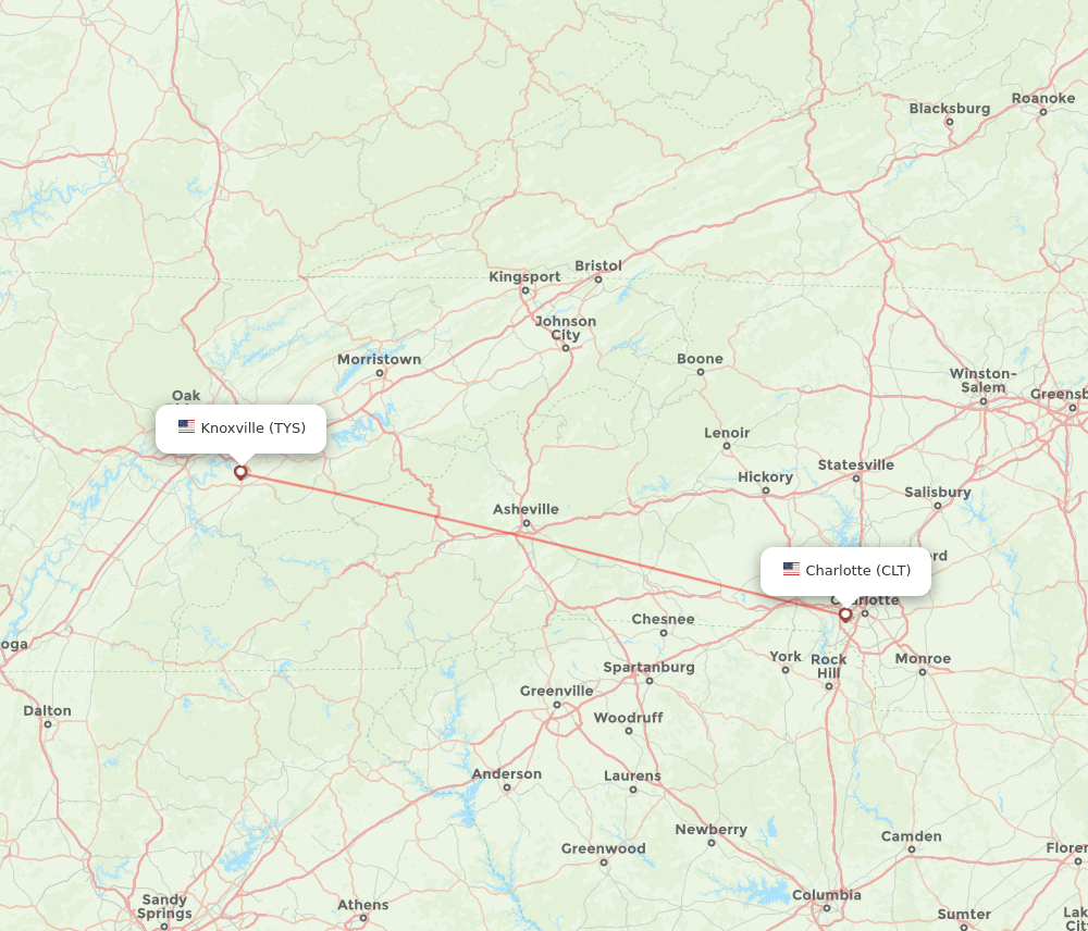 TYS to CLT flights and routes map