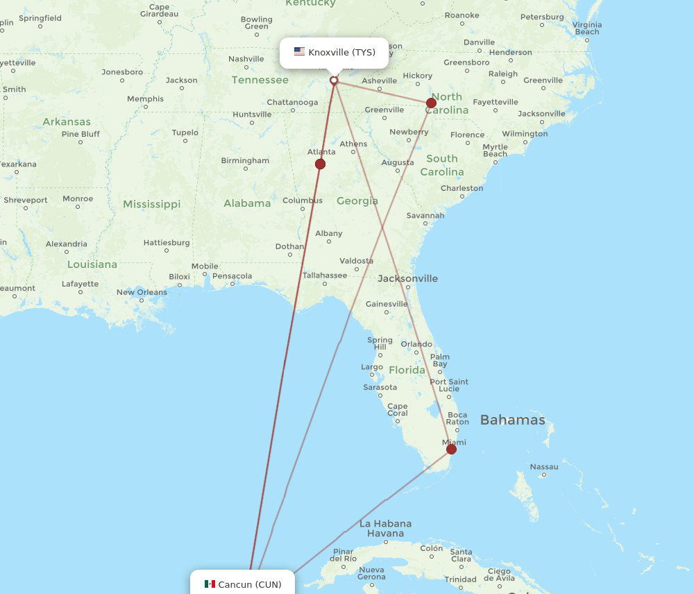 TYS to CUN flights and routes map