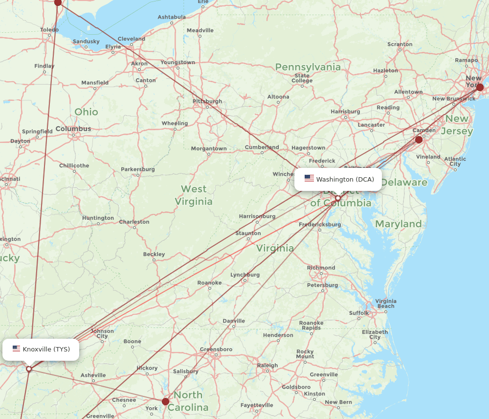 TYS to DCA flights and routes map