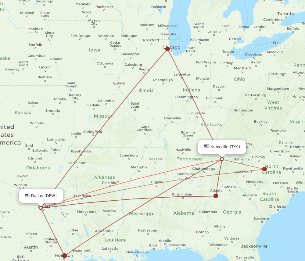TYS-DFW flight routes