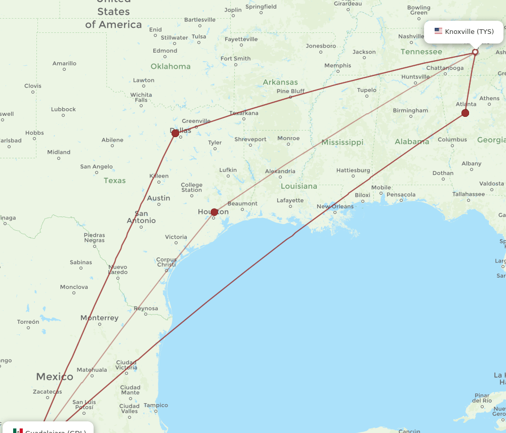 TYS to GDL flights and routes map