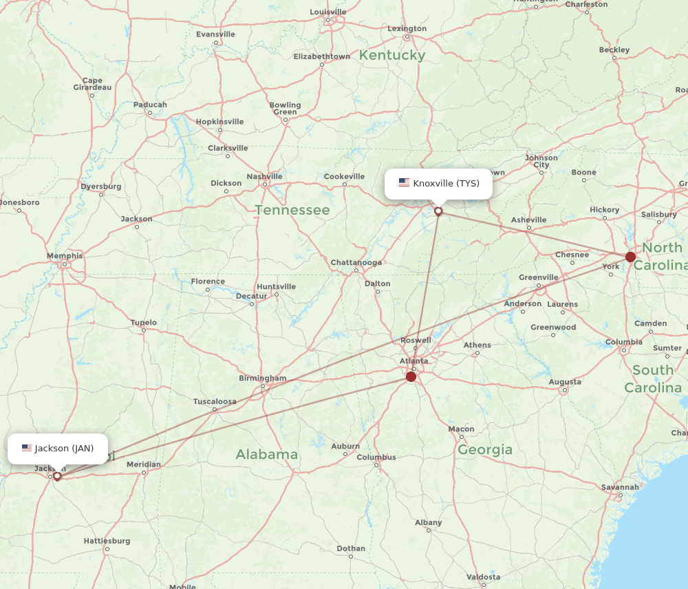 TYS to JAN flights and routes map