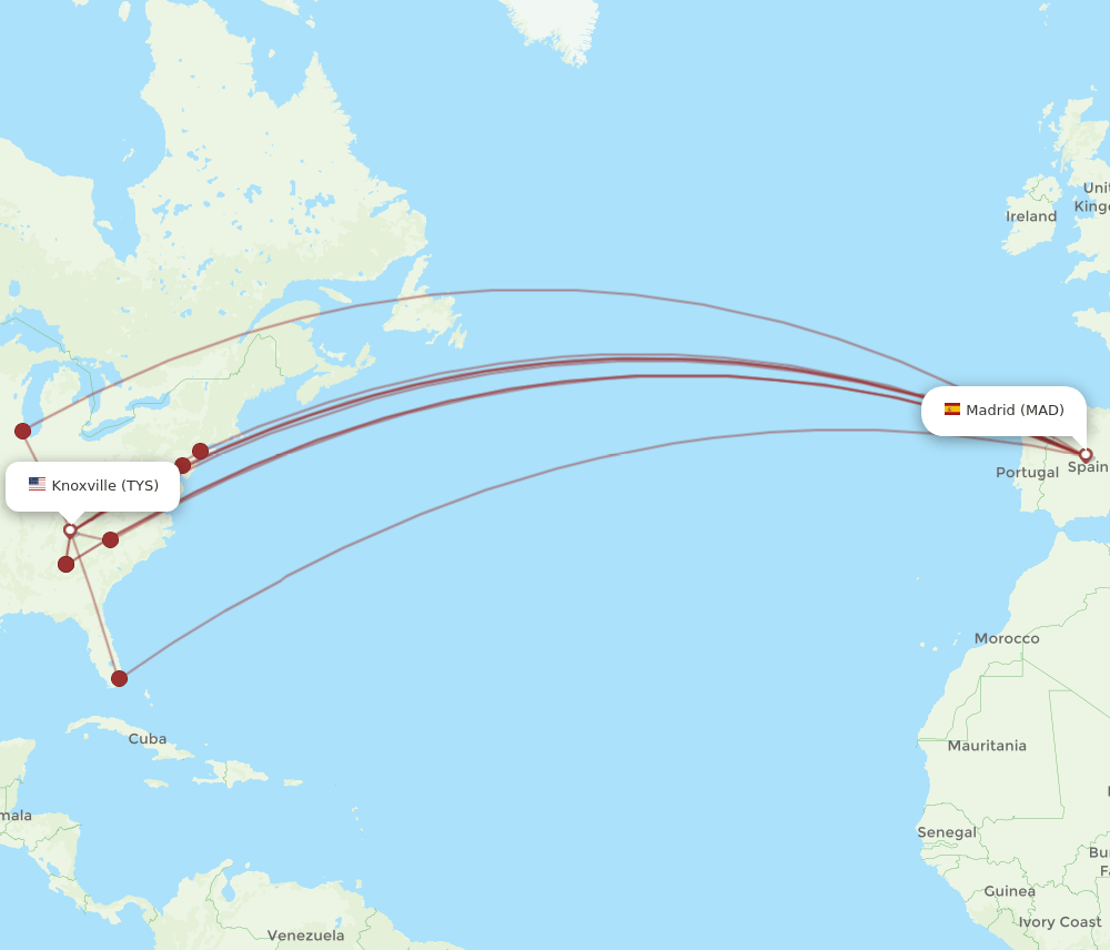 TYS-MAD flight routes