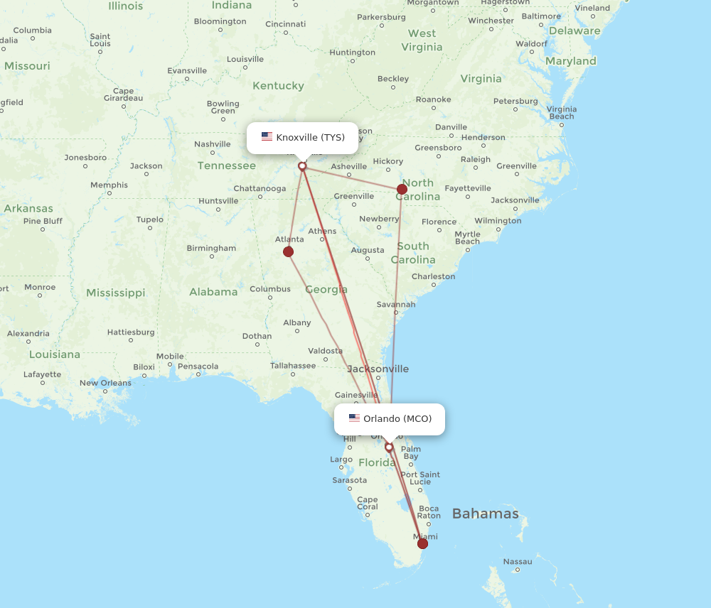 TYS to MCO flights and routes map