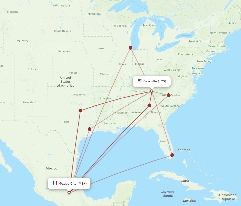 TYS-MEX flight routes