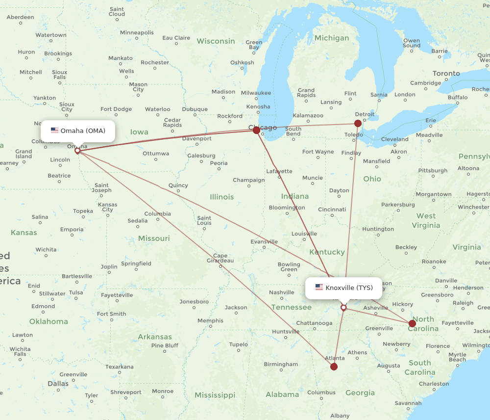 TYS-OMA flight routes