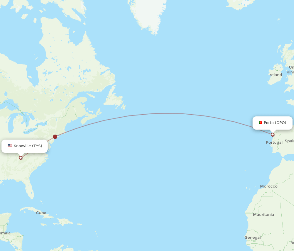 Porto - Knoxville route map and flight paths