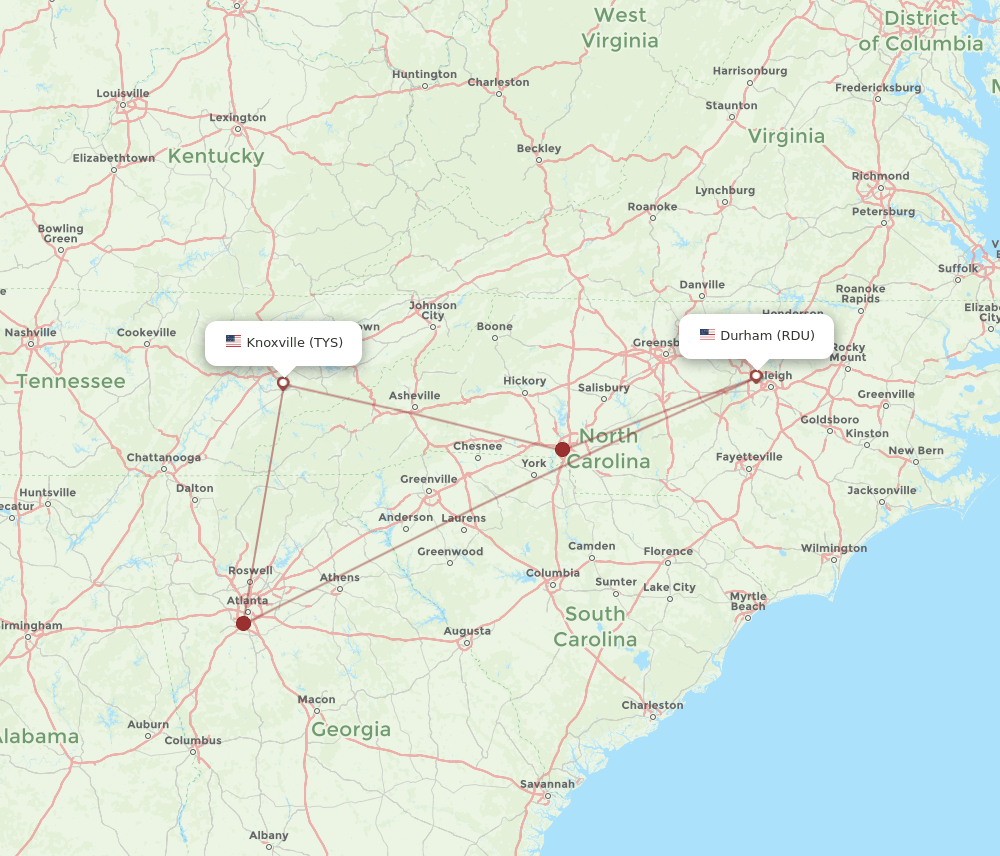 TYS to RDU flights and routes map